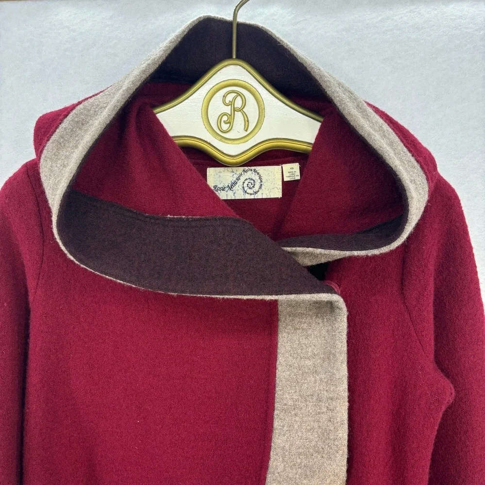 Anthropologie Colorblock‎ Wool Jacket XS Red Hooded Wrap Cardigan Coat
